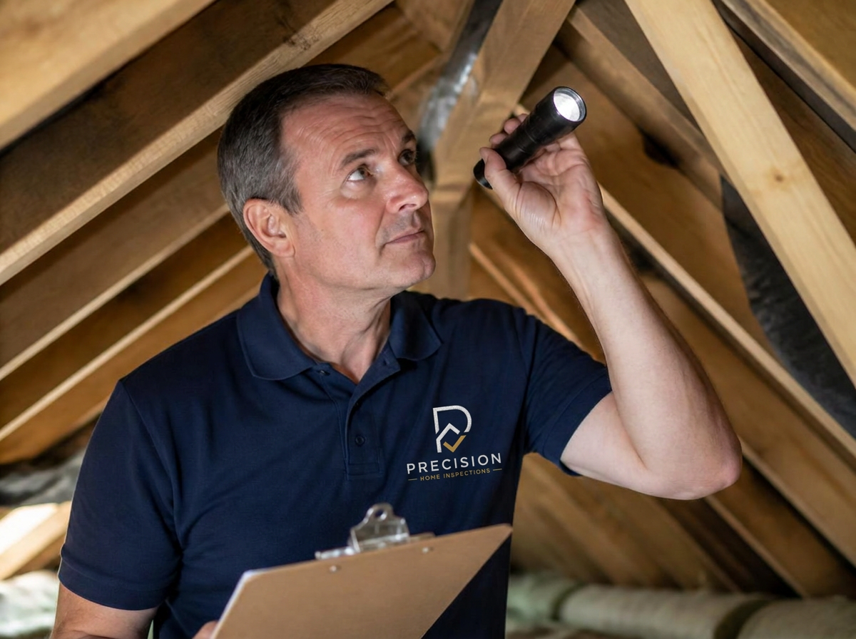 A Precision Home Inspections inspector examining a roof structure
